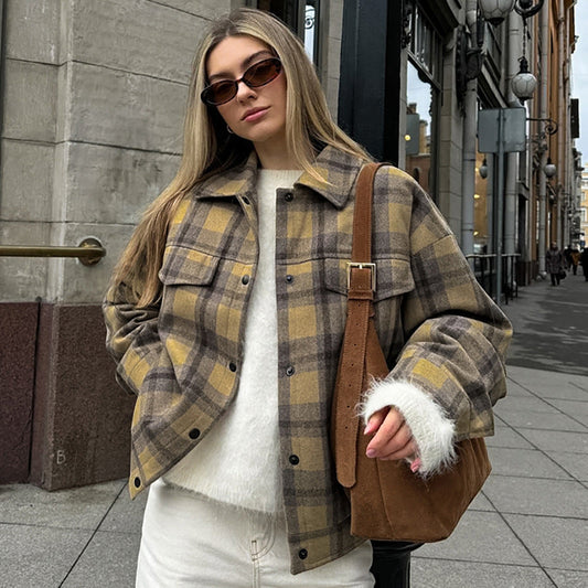 Veste Laine Carreaux Ample Mode